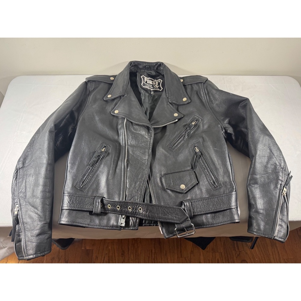 First Genuine Leather Mens Biker Jacket Black Asymmetrical Zip Belted Size 40